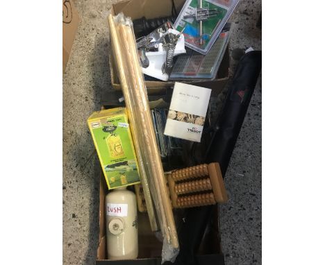 2 CARTONS OF MIXED TOOLS INCL; DIAMOND SHARPENING SETS, MODELERS MAGNIFYING ASSEMBLY CLAMPS, STONE WATER BOTTLE, POST CARDS, 