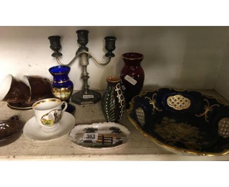 SHELF OF GLASS VASES, CHINAWARE &amp; CANDLE STICK