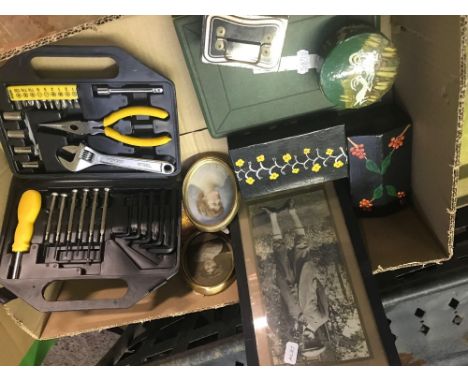 CARTON OF MIXED TRINKET BOXES, A SMALL TOOL SET &amp; A BOOK BOX OF FIRST WORLD WAR PHOTOGRAPH'S
