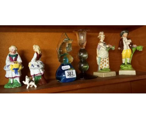 SHELF OF CHINA FIGURES, A KNIGHT PAPER WEIGHT ETC (1 FIGURINE A/F)