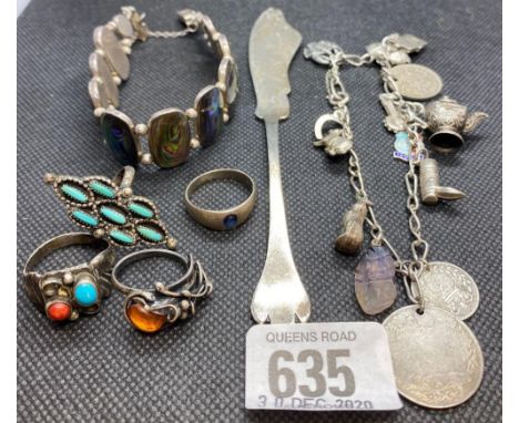 SMALL SIL CHARM BRACELET WITH 13 CHARMS, SIL RING SET WITH STONES, SIL BRACELET WITH ABALONE INSETS &amp; SIL BUTTER KNIFE A/