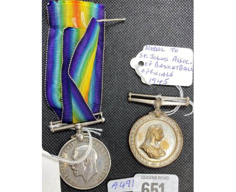 MEDAL TO ST JOHN'S ASSOCIATION OF BASKETBALL OFFICIALS 1945 &amp; WW I WAR MEDAL ISSUED TO 60499 RD GUSTIN - POSSIBLY FOR ARM