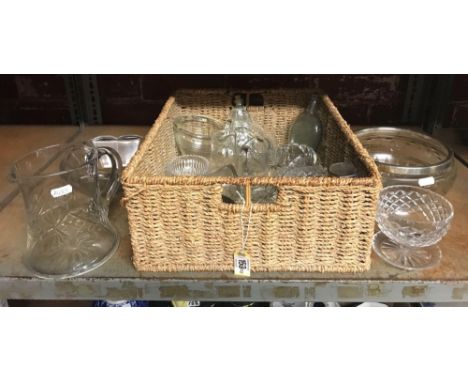 SHELF WITH JUGS, BOWLS, RAFFIA CARTON WITH MIXED GLASSWARE