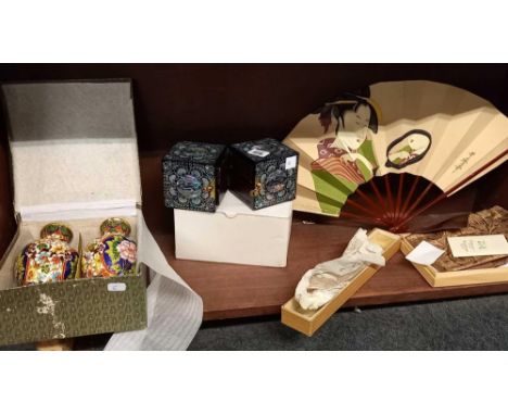 SHELF OF VARIOUS FAN, VASES ORIENTAL ITEMS ETC