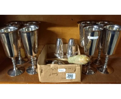 SHELF OF PLATED GOBLETS &amp; OTHER PLATED WARE