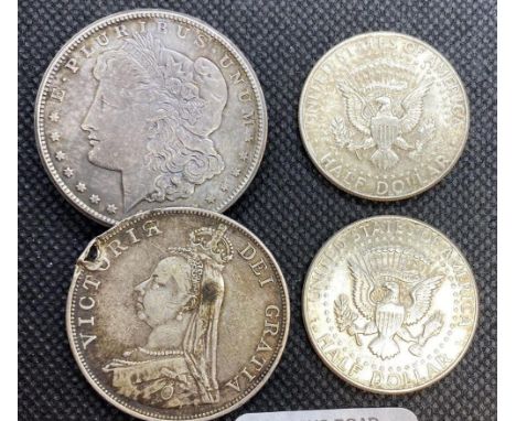 BAG CONTAINING A MORGAN SIL DOLLAR MONEY CLIP, 2 HALF DOLLAR LIBERTY COI &amp; A VICTORIAN 1888 DOUBLE FLORIN A/F