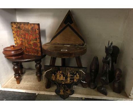 SHELF OF CARVED TREEN ITEMS &amp; ETHNIC FIGURES