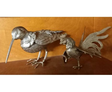 SHELF OF METAL ANIMAL FIGURES, 2 COCKERELS, A FOX &amp; A BIRD