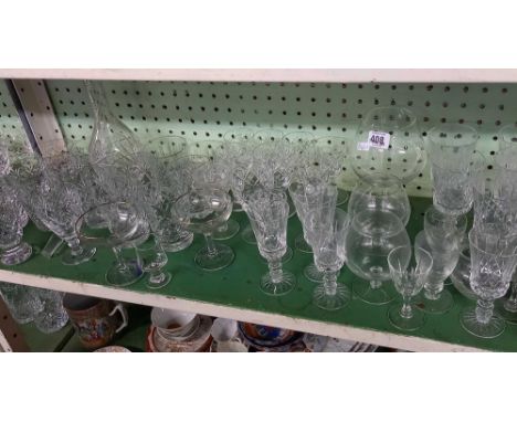 SHELF OF VARIOUS CUT GLASS WINE &amp; SHERRY GLASSES, TUMBLERS, GOBLETS &amp; 2 BABYCHAM GLASSES