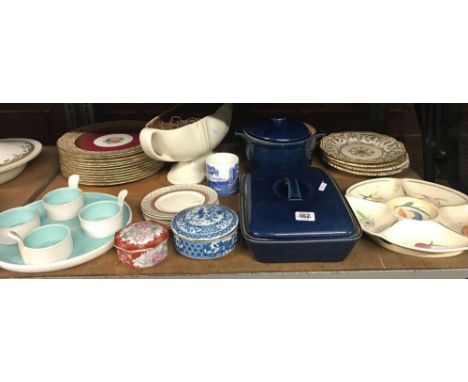 SHELF OF MISC TABLEWARE INCL; PLATES BY GEORGE JONES &amp; SONS, DENBY, BRANNAM OF BARNSTAPLE &amp; SUSIE COOPERS NIBBLE DISH