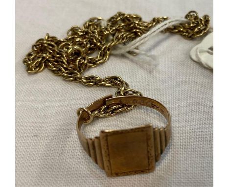 9ct ROPE NECKLACE 14'' LONG &amp; BROKEN 9ct GENTS SIGNET RING TOTAL WEIGHT 10g