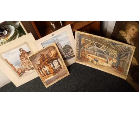 FOLDER OF 4 UNFRAMED WATERCOLOURS AND AN OLD PEARS PRINT OF BUBBLES