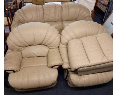3 PIECE SUITE BEIGE COLOURED LEATHERETTE BUTTON BACK ARMCHAIRS &amp; POUFFE 
