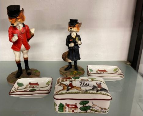 CROWN STAFFORDSHIRE HUNTING SCENE BONE CHINA TRINKET BOX &amp; 4 SMALL DISHES &amp; 2 FIGURES MISS REYNARD &amp; LORD REYNARD