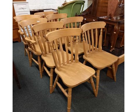 SET OF 8 FINE QUALITY PINE STICK BACK DINNING CHAIRS (6 PLUS 2 CARVERS)