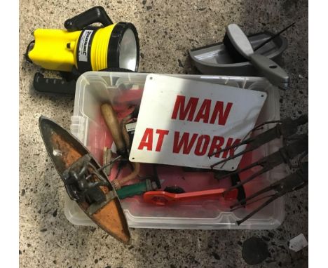 SMALL PLASTIC CARTON WITH A KONICA C35 CAMERA, A SIL LINE RECHARGEABLE TORCH &amp; VARIOUS TOOLS &amp; BRIC-A-BRAC