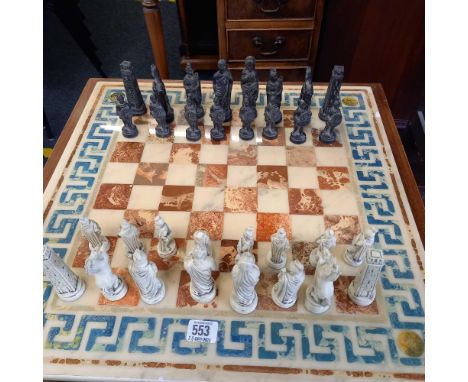 SMALL BUT HEAVY SQUARE TABLE WITH PILLAR LEGS IN THE FORM OF A CHESS BOARD &amp; DRAWER WITH CHESS PIECES, PLAYING CARDS &amp