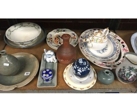 SHELF CONTAINING MEAT PLATES, TEA POT, JUG &amp; STUDIO POTTERY