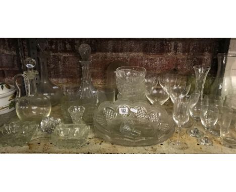 SHELF OF MIXED GLASSES INCL; DECANTERS &amp; FRUIT BOWLS