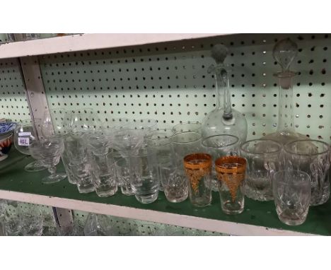 SHELF OF VARIOUS DECANTERS, TANKARDS, GLASSES &amp; GOBLETS