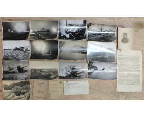 A collection of thirteen 18 x 24cm photographs of army manoeuvres in Holland, France and Germany 1944-45, many annotated on r