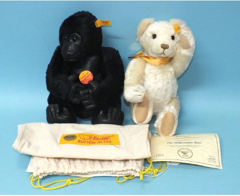 A modern Steiff for Danbury Mint mountain gorilla 30, with tags, button and cloth bag and a Millennium Bear with tags, button