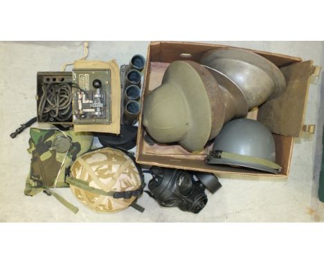 A field signalling and Morse code set, a WWII British Army helmet and others, and other military items.
