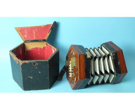 A 19th century English concertina accordion by Butler, Haymarket, London, of hexagonal form, with pierced end panels, each fi