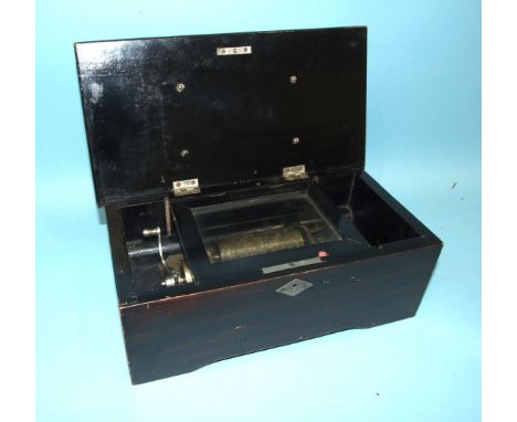 A small Swiss music box with 8.5cm drum and comb, in stained wood box, internal dividers and air card lacking, 30cm overall.