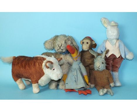 A Merrythought Hereford Bull, a Chiltern rabbit and other soft toys.