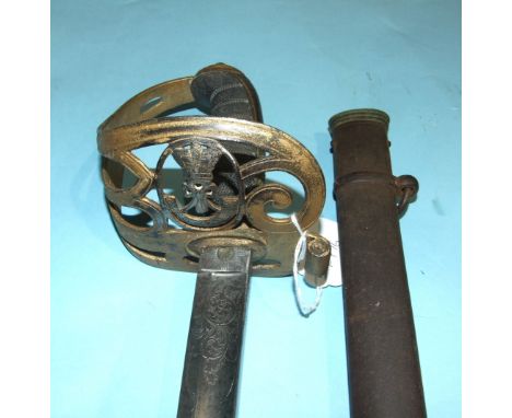 A Victorian Light Infantry sword, the 82cm single-fullered blade double-edged at the gilt hilt, with wire-bound fish skin gri