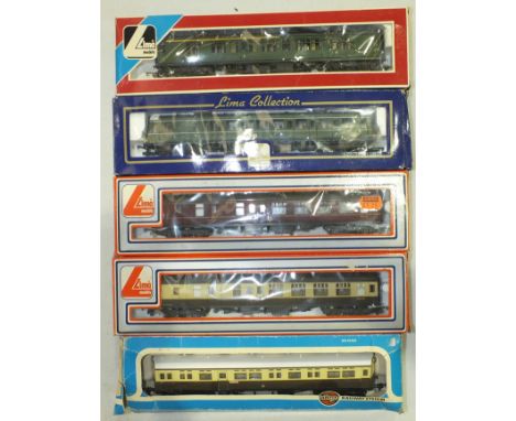 Lima, OO Gauge, four boxed coaches and one Airfix boxed coach, (5).