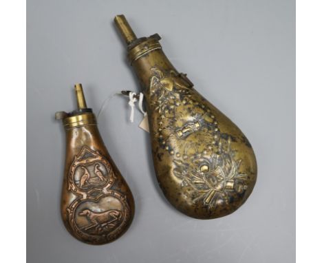 A US brass powder flask and a copper powder flask