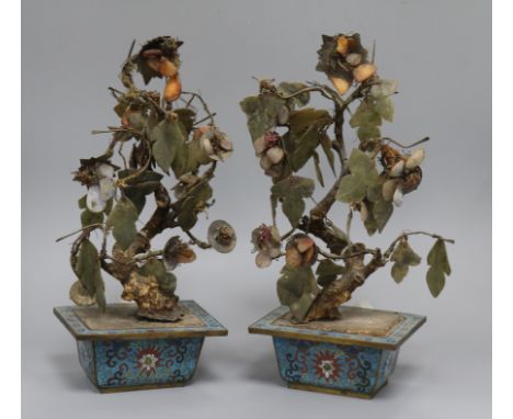 A pair of Chinese jade and hardstone 'bonsai' trees in cloisonne jardinieres (a.f.), H 33cm approx