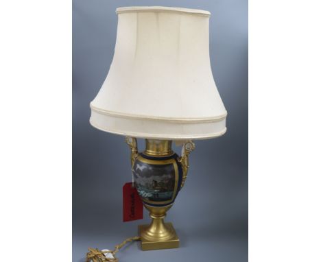 A 19th century French Paris area two handled vase, fitted as table lamp height incl. shade 61cm