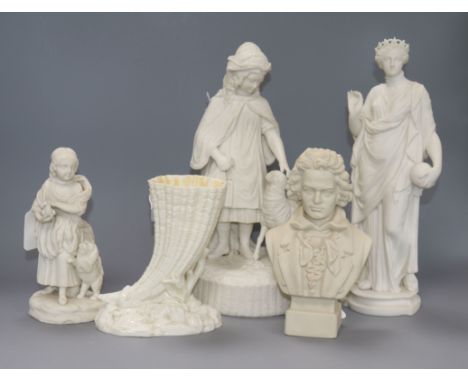 A Royal Worcester Belleek-style cornucopia vase and three items of parian ware, including a Robinson & Leadbeater bust of Bee