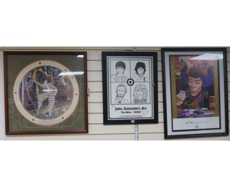 Pop and Rock Memorabilia, three framed posters, including 'John Entwhistle's Art/The Who - '2000', signed by Entwhistle, a li