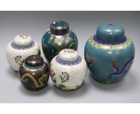 A cloisonne ginger jar decorated with hydrangea and four other Chinese and Japanese ginger jars, including blue ground exampl