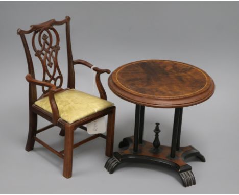 A miniature Chippendale style armchair and a miniature centre table tallest 36cm