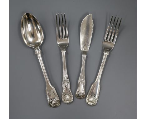 A Victorian fiddle, shell and thread pattern silver serving spoon and fork and a silver Kings pattern fork and a fish knife, 