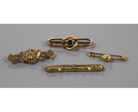 Four yellow metal bar brooches including 15ct and 9ct, variously gem and pearl-set.