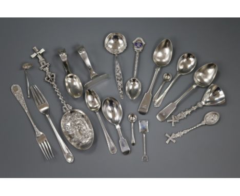 Assorted silver and plated flatware including caddy spoon and a Dutch white metal spoon.