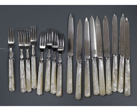 A part set of silver and mother of pearl fruit eaters