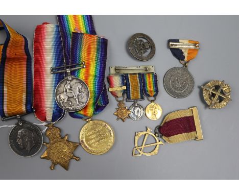 A collection of family medals and other items, including a WWI trio to Pte J M Easton, London Regt., with miniatures, a War m