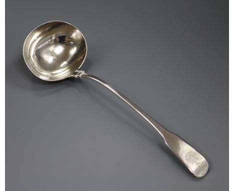 A George III silver fiddle pattern soup ladle, crested, Eley & Fearn, London, 1802.