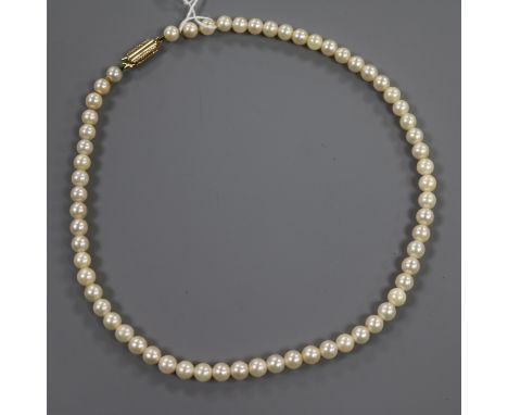 A single strand cultured pearl necklace, with 9ct gold clasp, 36cm.