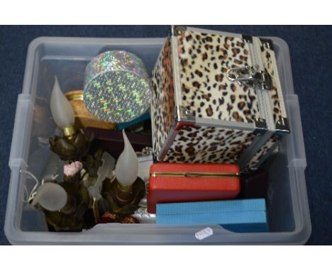 A LARGE BOX OF TRINKET BOXES, wall light, costume jewellery etc