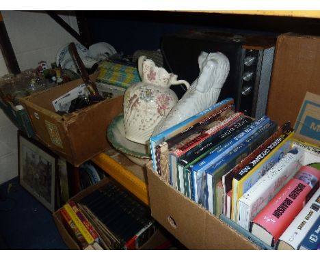 FIVE BOXES AND LOOSE CERAMICS, GLASS, CUTLERY, BOOKS, BOXED ITT RECORD PLAYER, etc