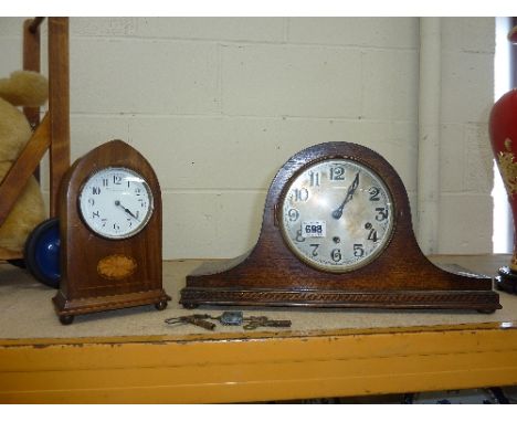 A SMALL INLAID MANTLE CLOCK, (key) and Westminster chimes mantle clock (key and pendulum) (2)
