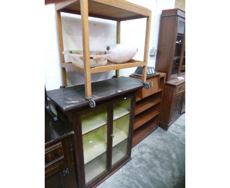 A NARROW OAK BUREAU, glazed bookcase top, oak tea trolley, two glazed lamp shades etc (6)